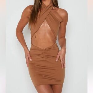Finley tan halter mini dress NWT